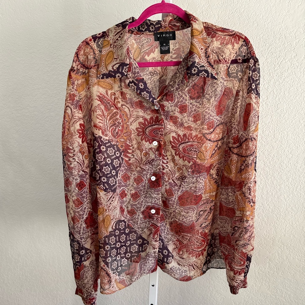 Vintage Virgo Sheer Paisley Button Down Blouse Long Sleeve Boho 90s Retro Y2K
